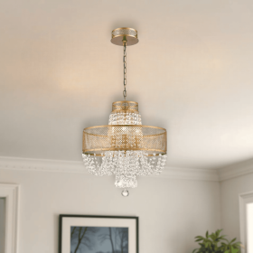 Gold Four Light Metal and Crystals Dimmable Chandelier With Shades