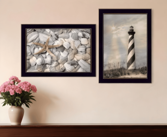 Set Of Two Cape Hatteras Lighthouse and Sea Shells 1 Black Framed Print Wall Art