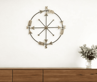 26" X 25" Brass and Black Metal Distressed Compass Wall Decor