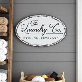 14" X 22" White And Dark Gray The Laundry Co Metal Oval Wall Decor