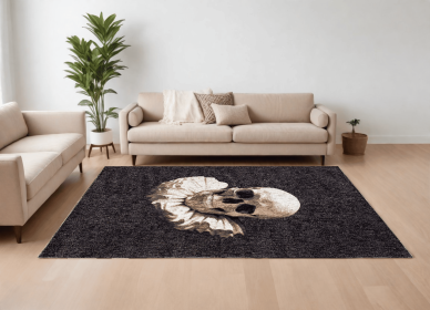 9' X 13' Black and White Funky Skull Non Skid Area Rug